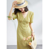 Womens Silk Button Front Midi Dress Puff Sleeve V Neck Silk Dresses